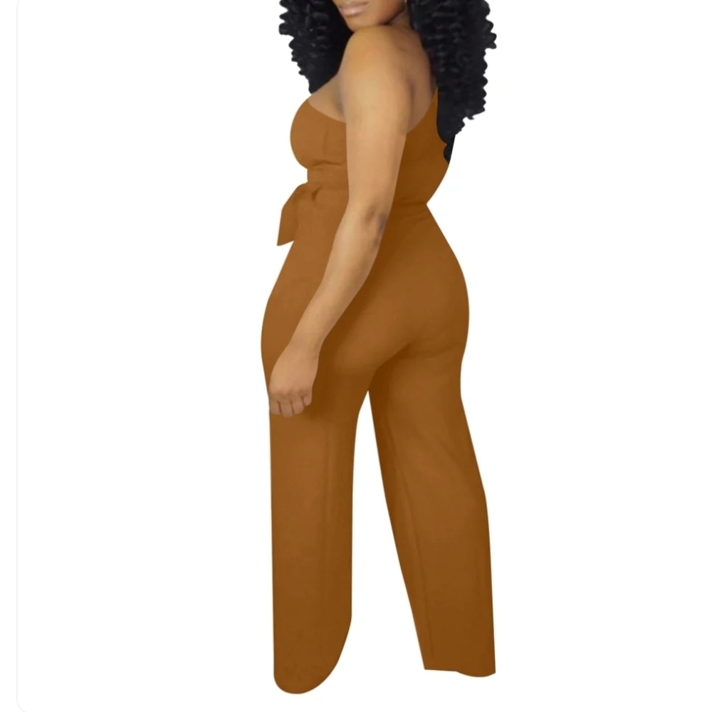 Brown One Shoulder Wide Leg Jumpsuit